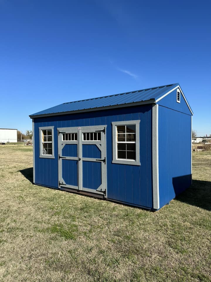 Blue wooden storage building